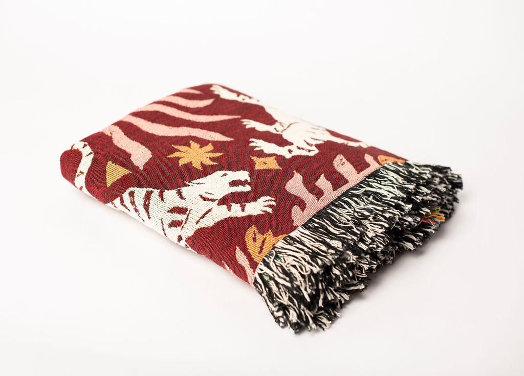 Leona Solstice Red Tiger Cotton Throw Blanket