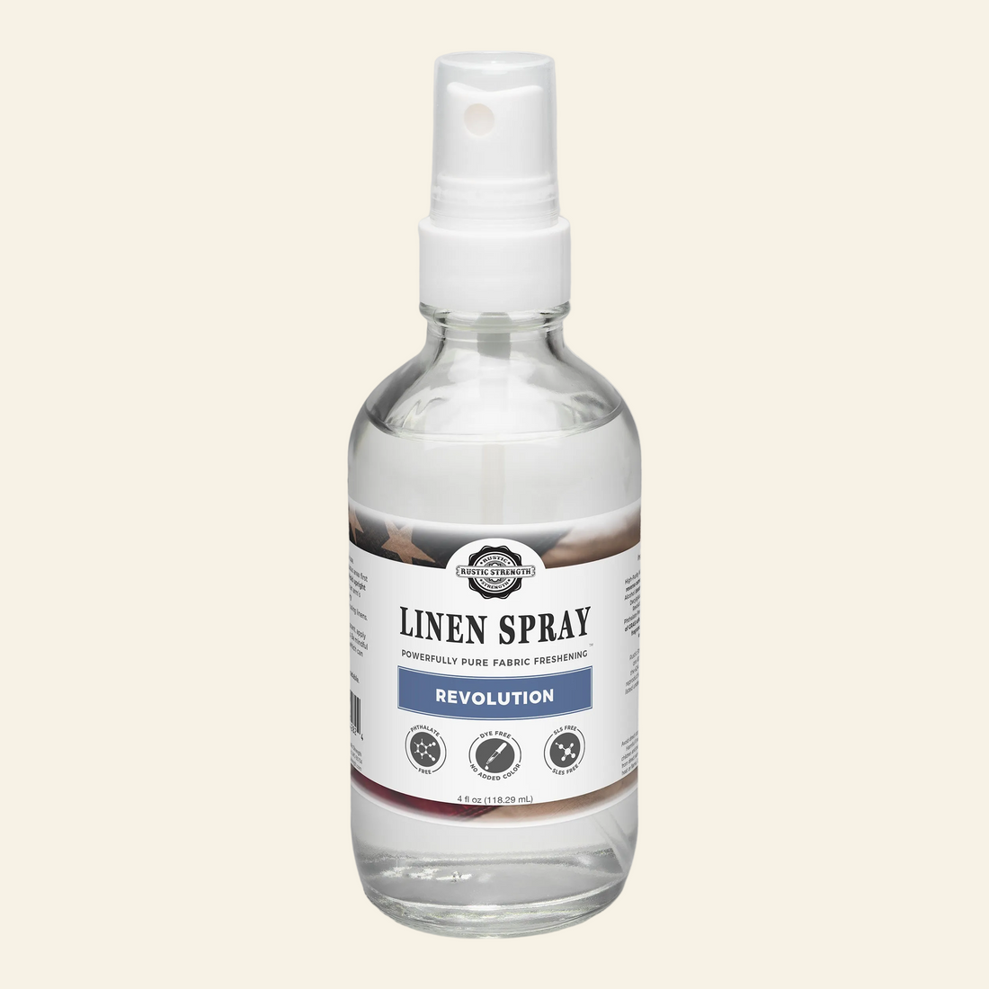 Linen spray bottle with a label on a white background