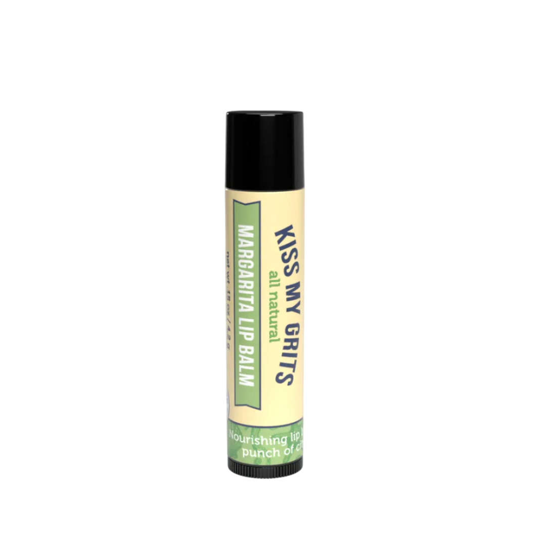 A single tube of Kiss My Grits all natural lip balm with a black cap and a cream-colored label featuring green and navy text, set against a plain white background.