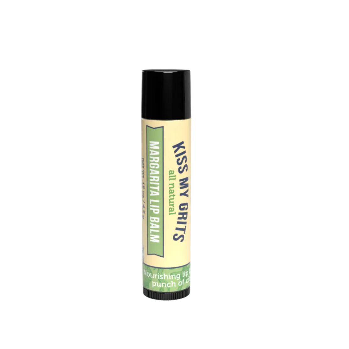 A single tube of Kiss My Grits all natural lip balm with a black cap and a cream-colored label featuring green and navy text, set against a plain white background.