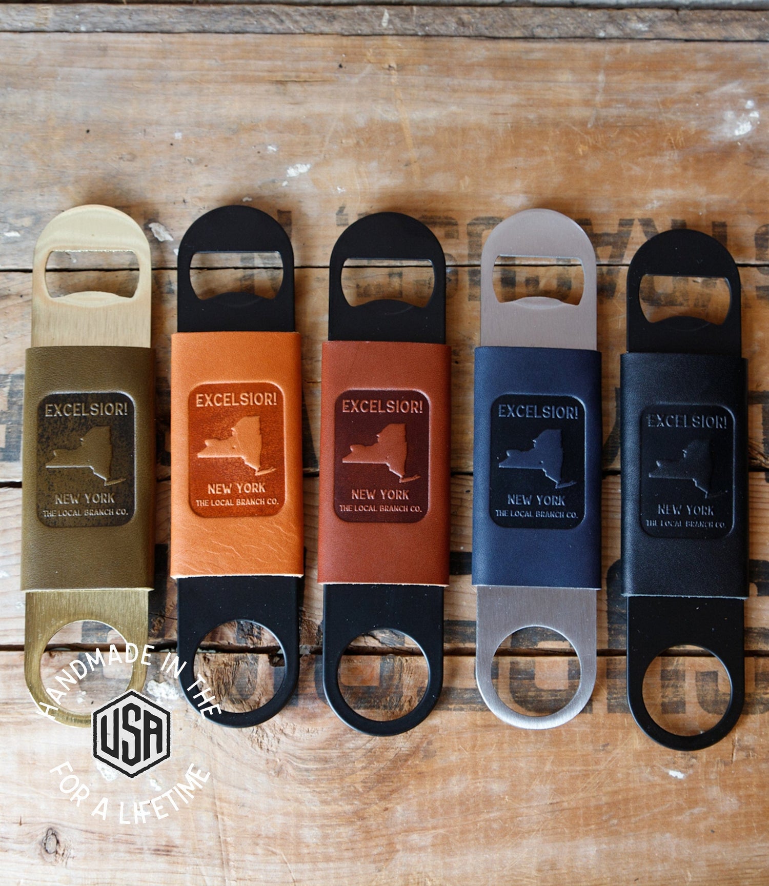 The Local Branch Provisions New York Map Excelsior Leather Wrap / Chocolate Bottle Opener - USA Made