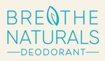 Logo of Breathe Naturals deodorant on a beige background