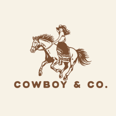 Logo of a woman riding a horse with 'Cowboy & Co.' text on a beige background