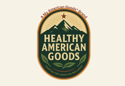 Logo of Healthy American Goods with mountain and star design on a beige background