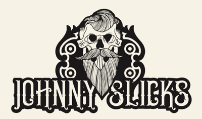 Logo of Johnny Slicks with a stylized skull and mustache design on a beige background