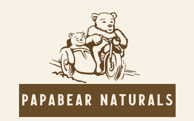 Logo of Papabear Naturals with bears riding a motorcycle on a beige background