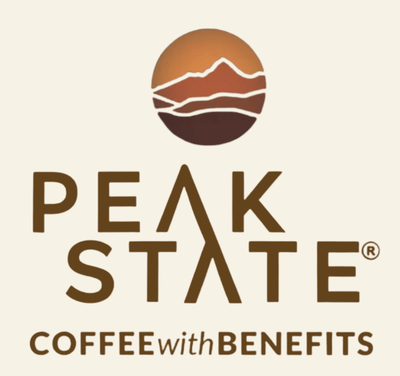 Logo of Peak State Coffee with a mountain design on a beige background
