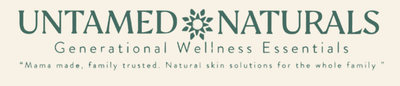 Logo of Untamed Naturals with text about generational wellness essentials and natural skin solutions.
