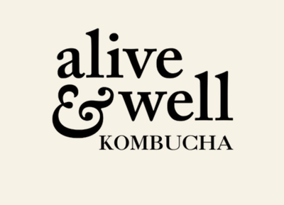 Logo of 'alive & well Kombucha' on a beige background