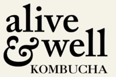 Logo of 'alive & well Kombucha' on a white background