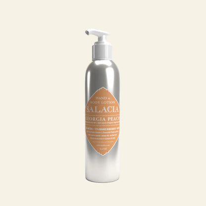 Silver lotion bottle with a label on a white background