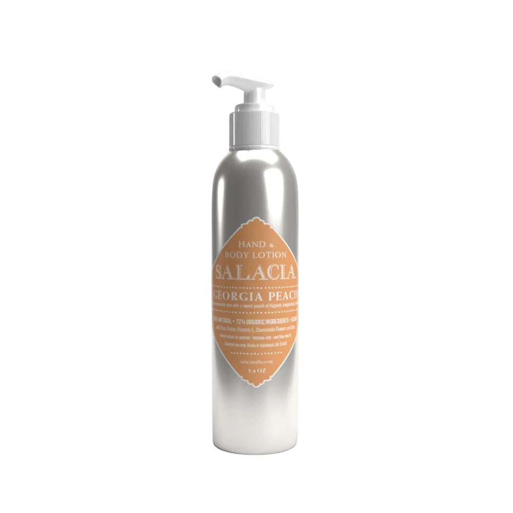 Silver lotion bottle with a label on a white background