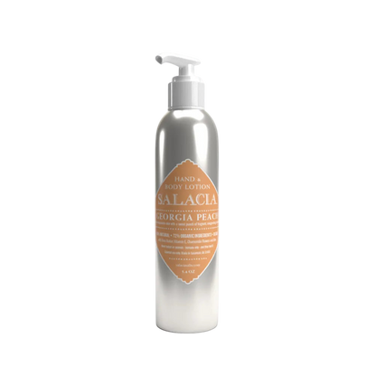 Silver lotion bottle with a label on a white background
