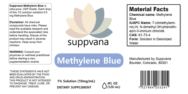 Suppvana Methylene Blue dietary supplement bottle on a white background