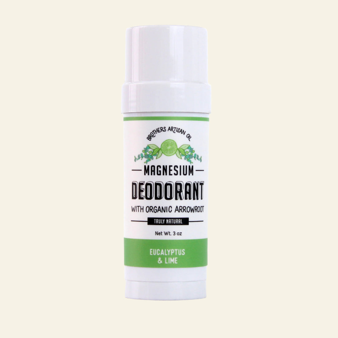 Deodorant stick with green and white label on a white background