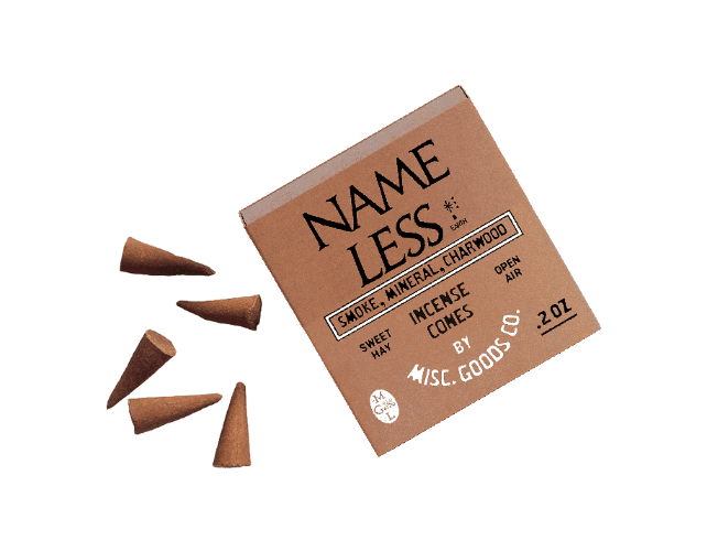 Box of Name Less Incense Cones with cones scattered around on a white background