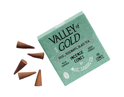 Valley of Gold incense cones packaging with cones on a white background