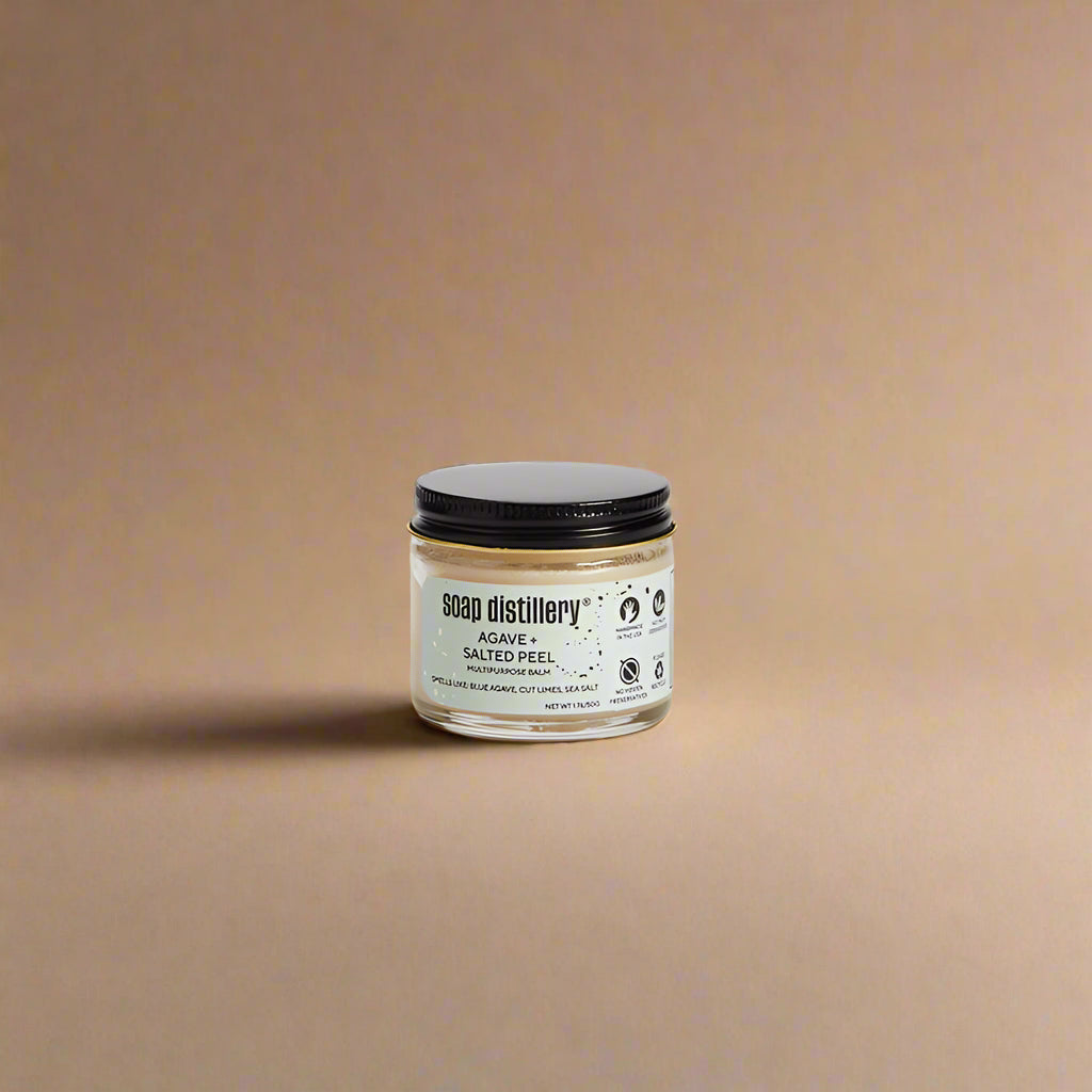 Jar of soap from Soap Distillery on a beige background