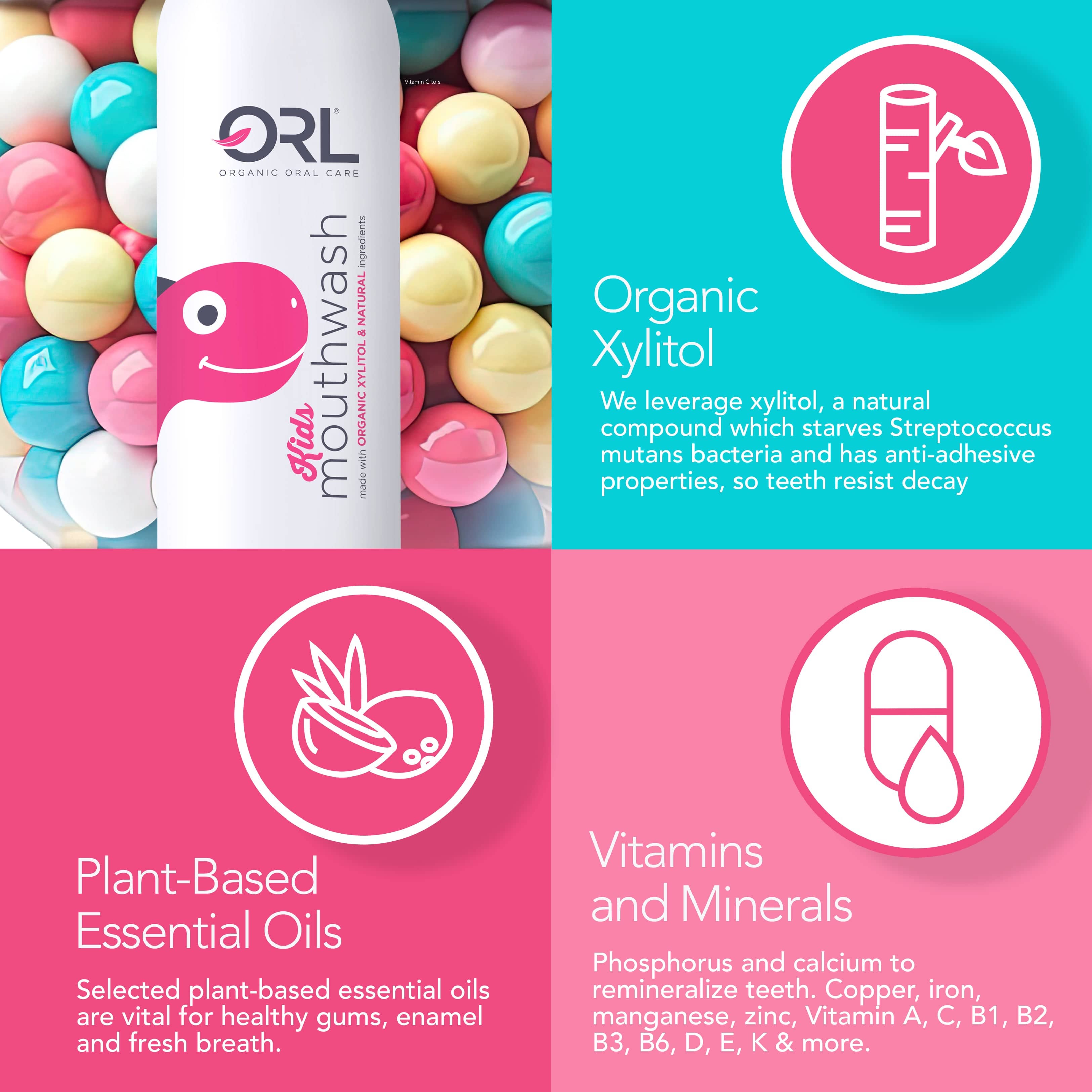 ORL KIDSMouthwash Kids Bubble Gum Kids Mouthwash made with Organic Xylitol &amp; Natural Ingredients