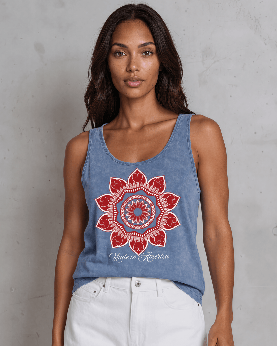 Crazy Cozy Cool Sleeveless Tops and Tanks Red Mandala Flower with "Made in America" Graphic Tank Top