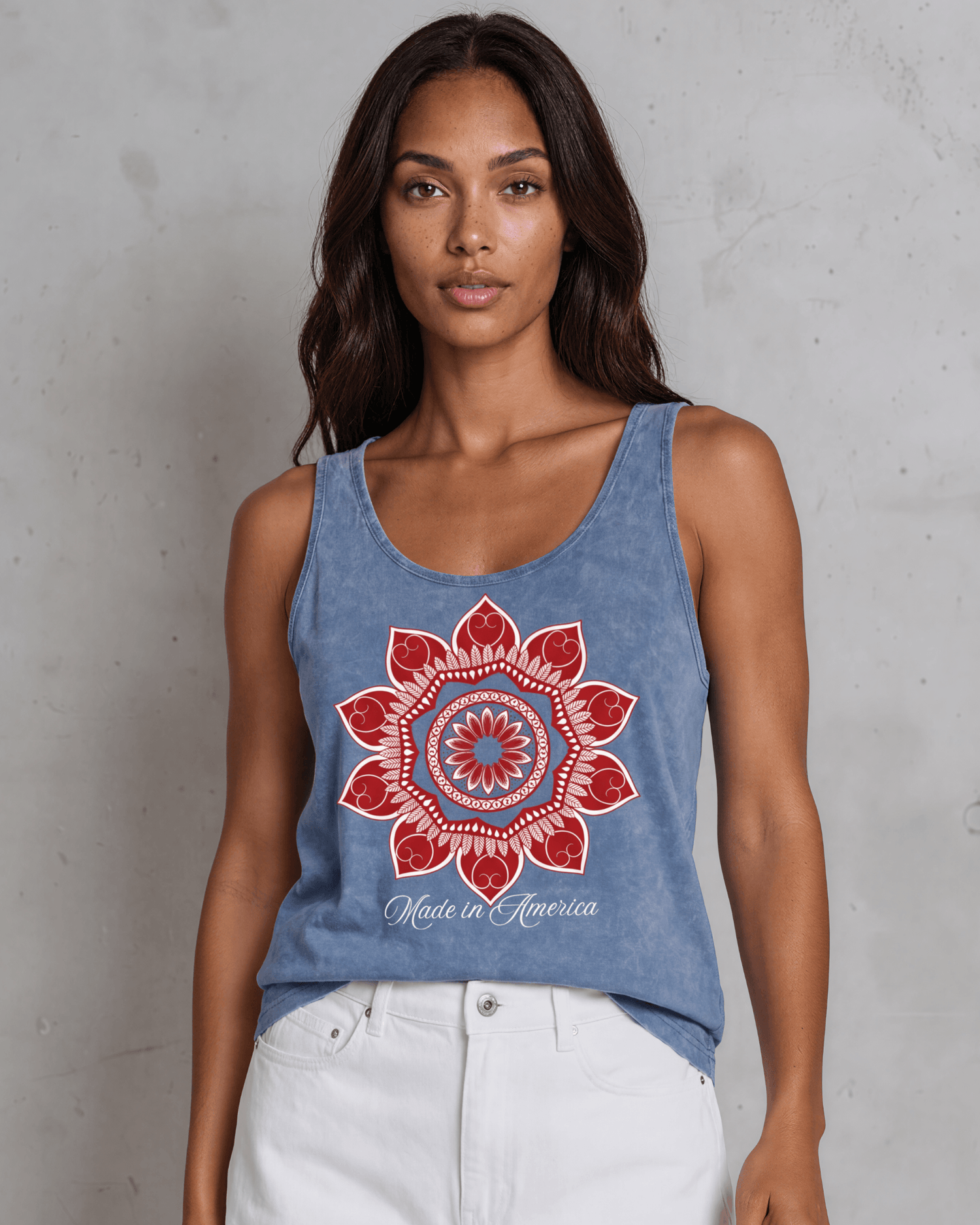 Crazy Cozy Cool Sleeveless Tops and Tanks Red Mandala Flower with "Made in America" Graphic Tank Top