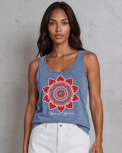 Crazy Cozy Cool Sleeveless Tops and Tanks Red Mandala Flower with "Made in America" Graphic Tank Top