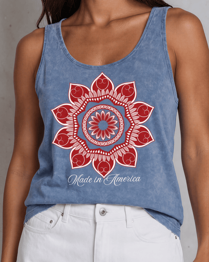Crazy Cozy Cool Sleeveless Tops and Tanks Light Denim / United States Distressed Flag / Small Red Mandala Flower with "Made in America" Graphic Tank Top