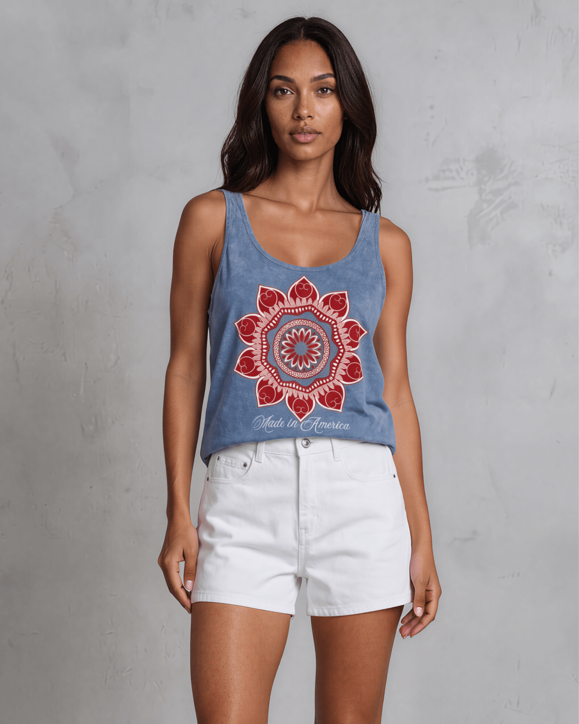 Crazy Cozy Cool Sleeveless Tops and Tanks Red Mandala Flower with "Made in America" Graphic Tank Top