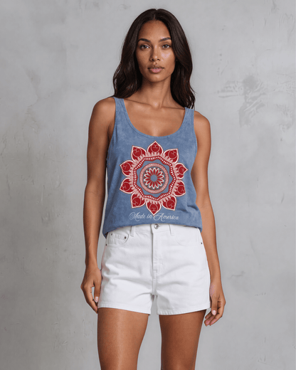 Crazy Cozy Cool Sleeveless Tops and Tanks Red Mandala Flower with "Made in America" Graphic Tank Top