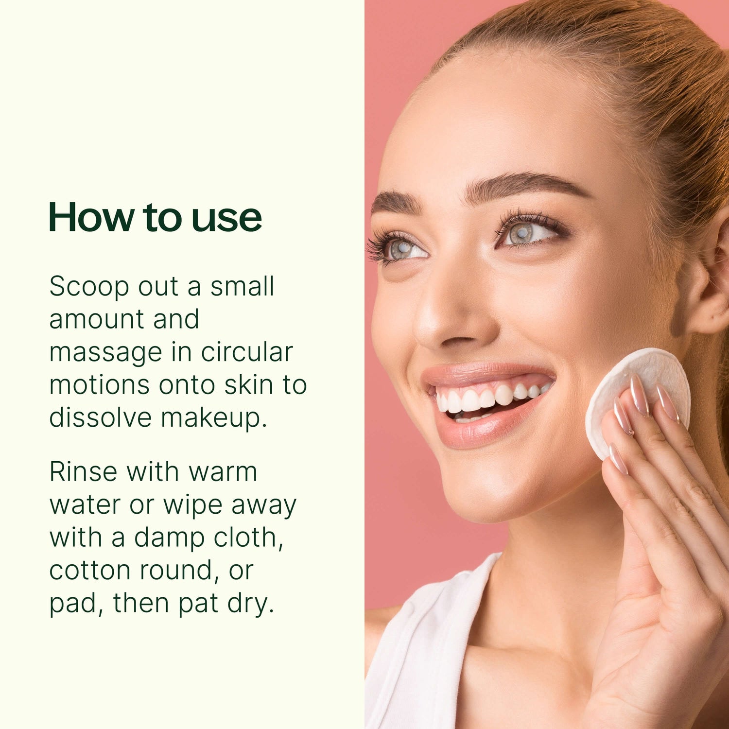 Woman using a makeup removal pad with text on how to use it.