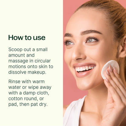 Woman using a makeup removal pad with text on how to use it.