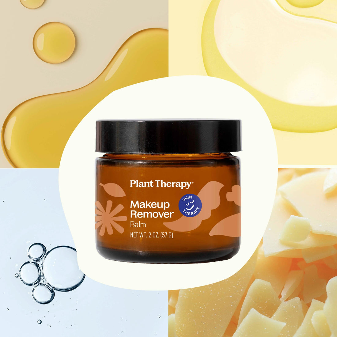 Jar of Plant Therapy Makeup Remover Balm on a decorative background with skincare elements.