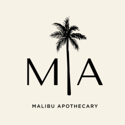 Logo of Malibu Apothecary with a palm tree silhouette on a beige background