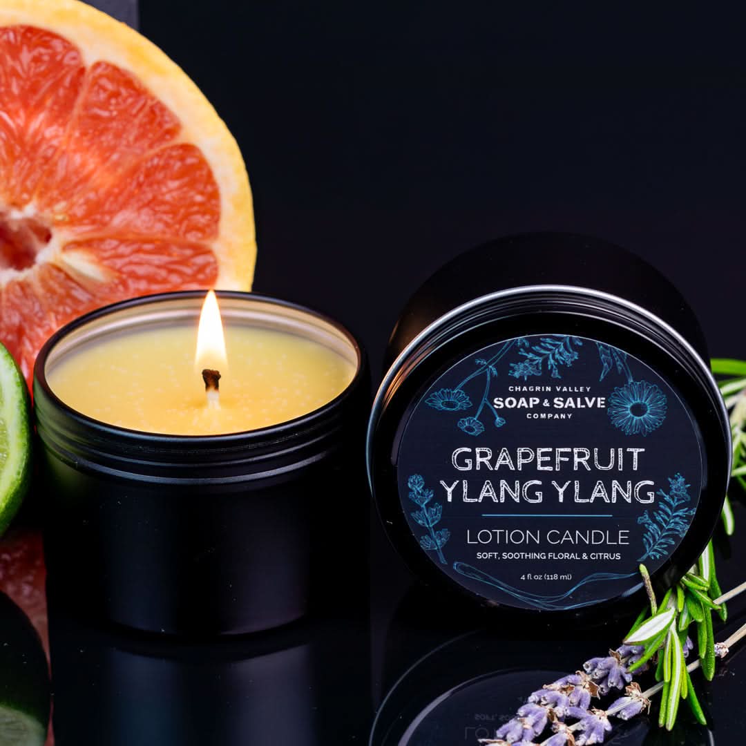 Chagrin Valley Soap &amp; Salve Massage Candle 4 fl oz Tin Body &amp; Massage Candle: Grapefruit Ylang Ylang