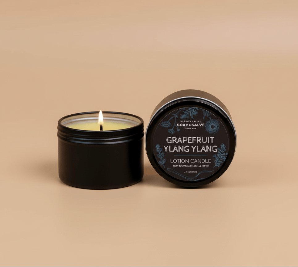 Grapefruit Ylang Ylang lotion candle with packaging on a beige background