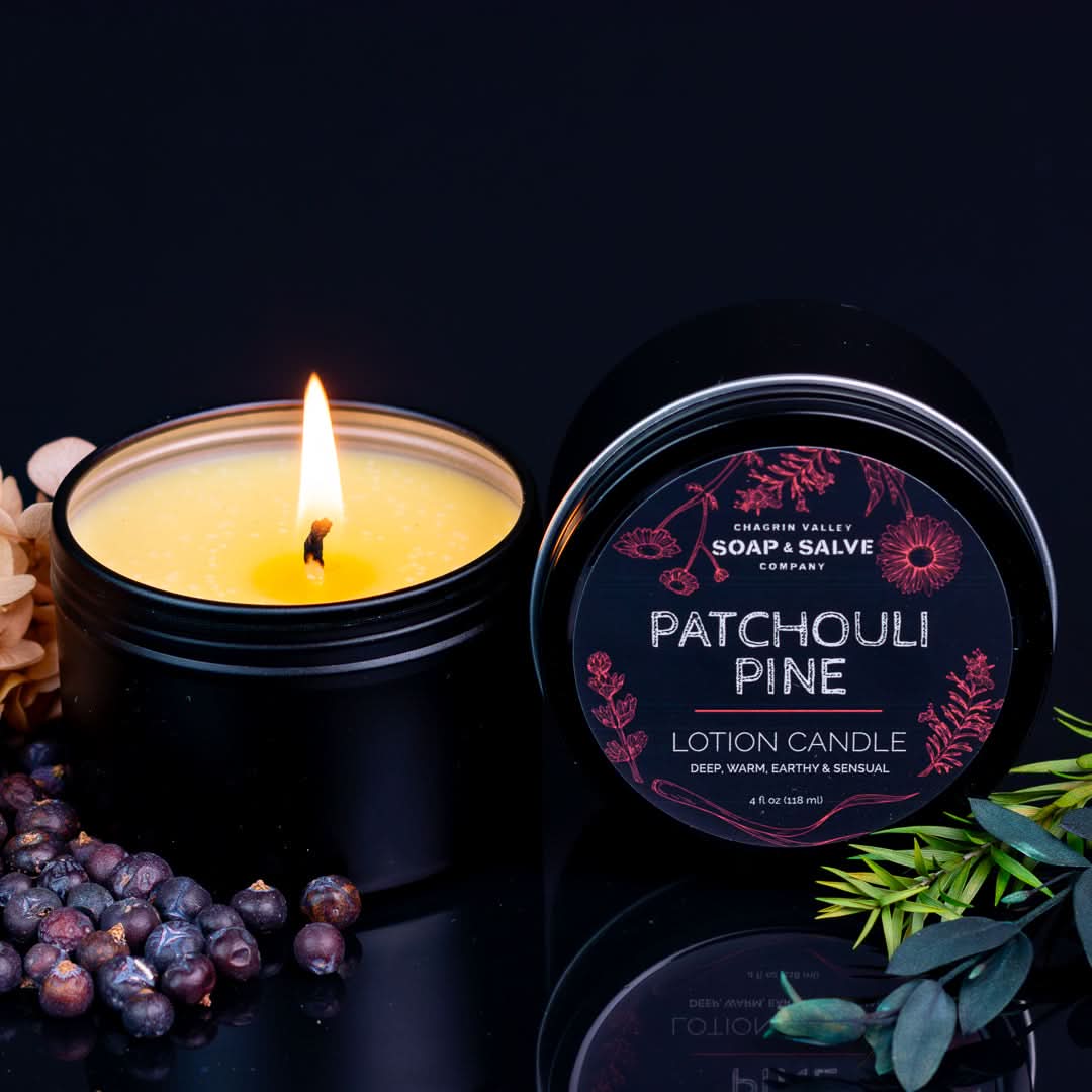 Chagrin Valley Soap &amp; Salve Massage Candle 4 fl oz Tin Body &amp; Massage Candle: Patchouli Pine