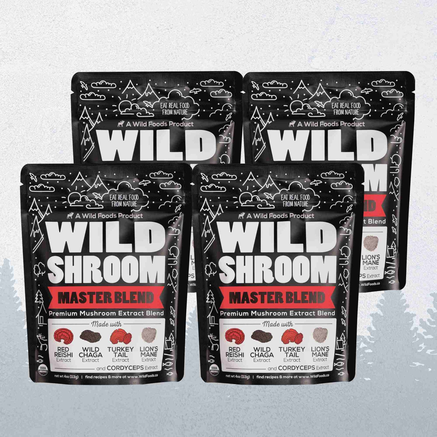 Wild Foods Mushrooms 4x - 4oz (Save $15!) Master Mushrooms Blend, 110 servings – Immune Boosting Adaptogenic Mushrooms