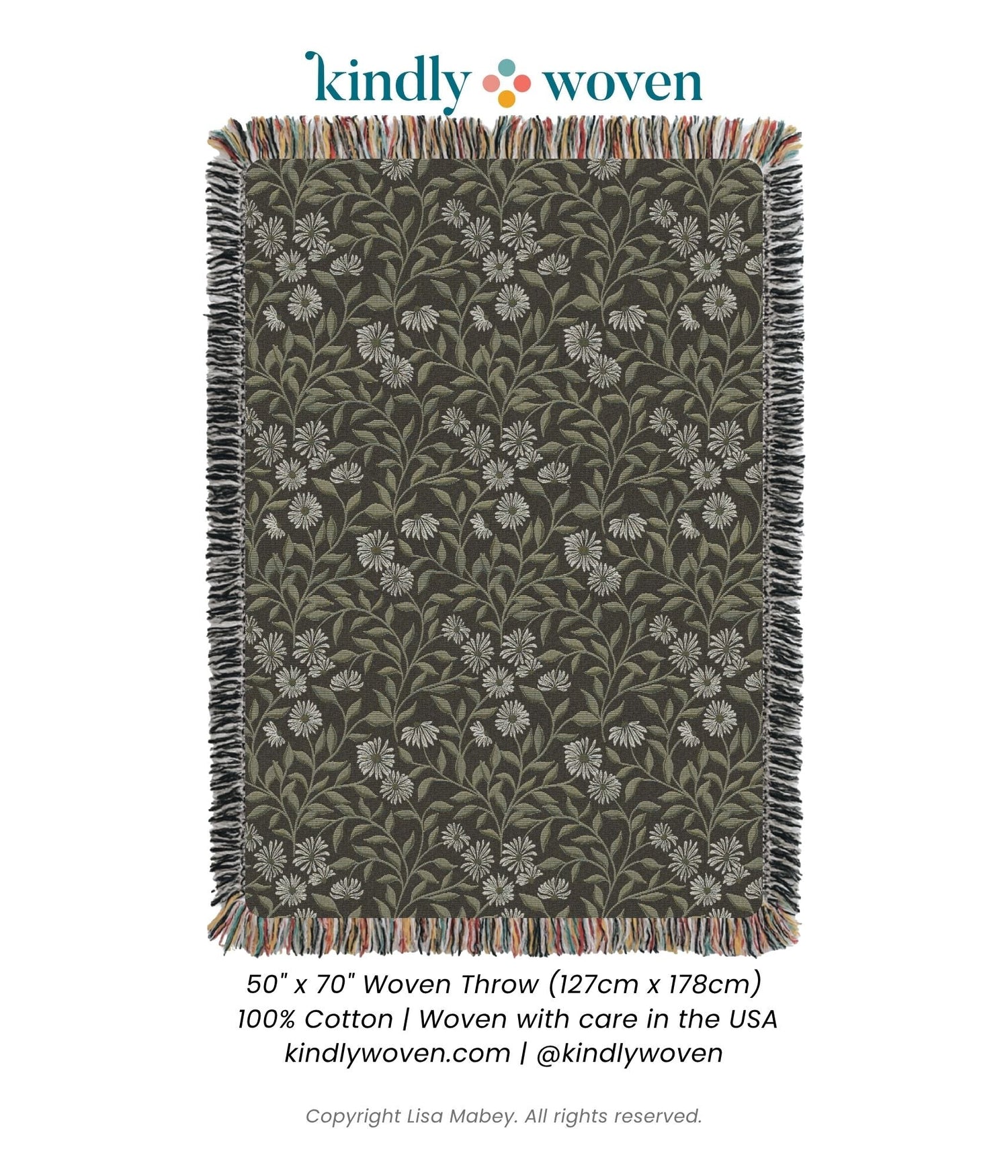 May Bramble Black &amp; Gold Floral Cotton Throw Blanket
