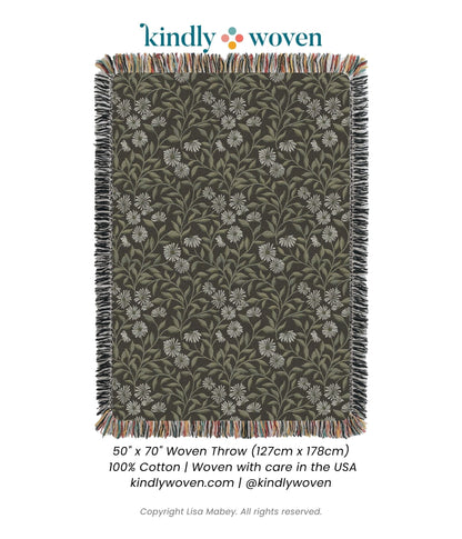May Bramble Black &amp; Gold Floral Cotton Throw Blanket