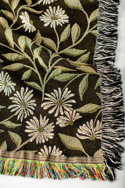 May Bramble Black &amp; Gold Floral Cotton Throw Blanket