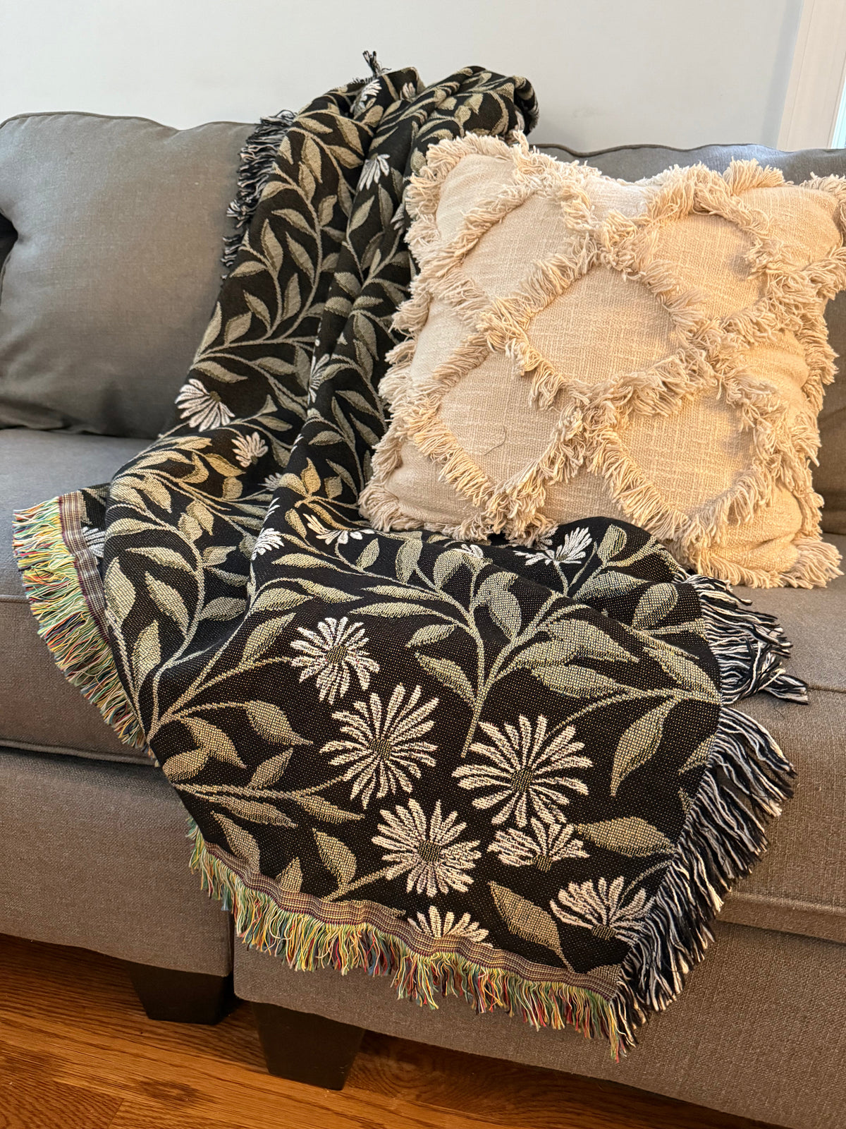 May Bramble Black &amp; Gold Floral Cotton Throw Blanket