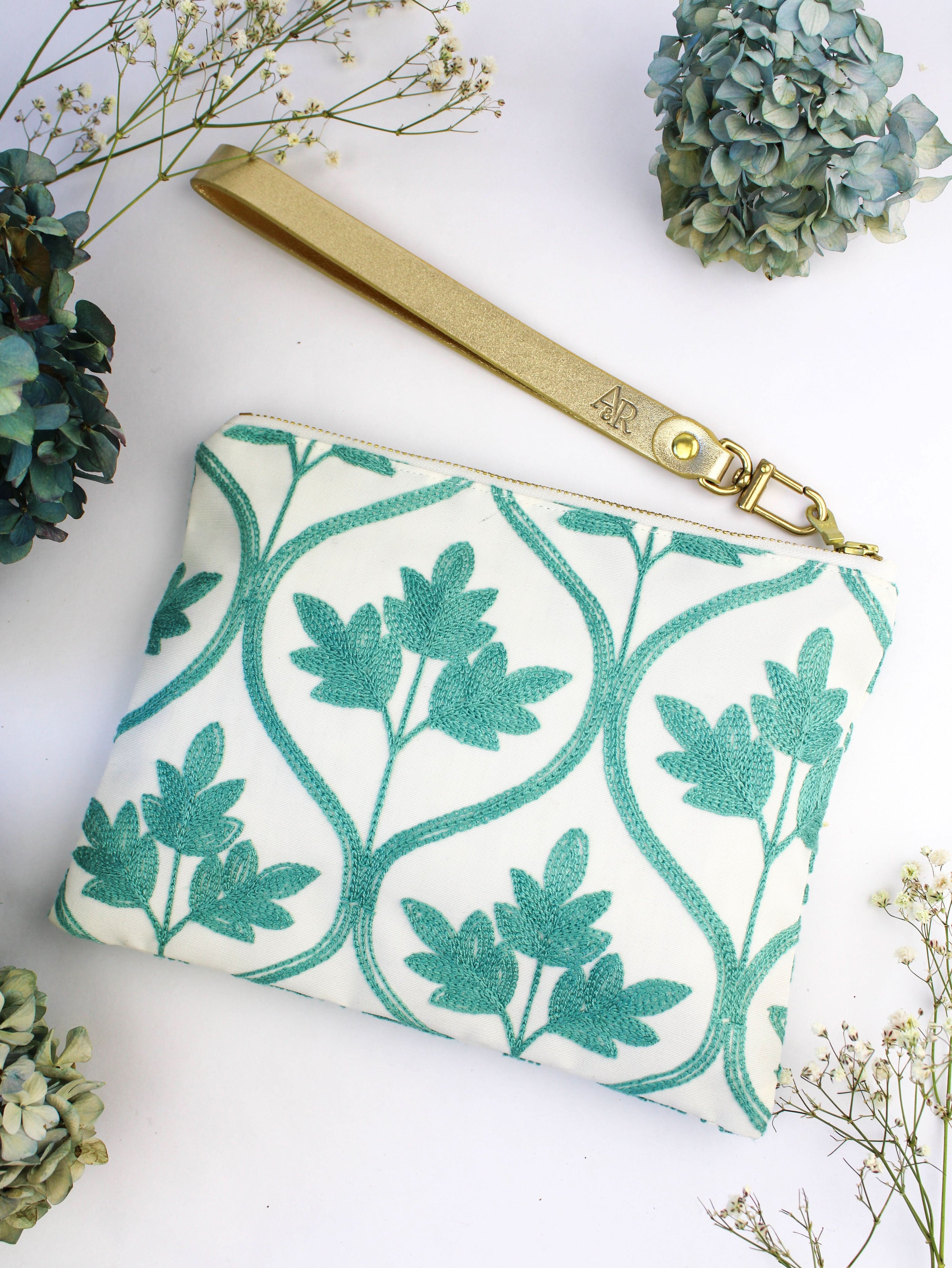 Ash &amp; Rose purse Mayfair Aqua Botanical Embroidered Wristlet Purse