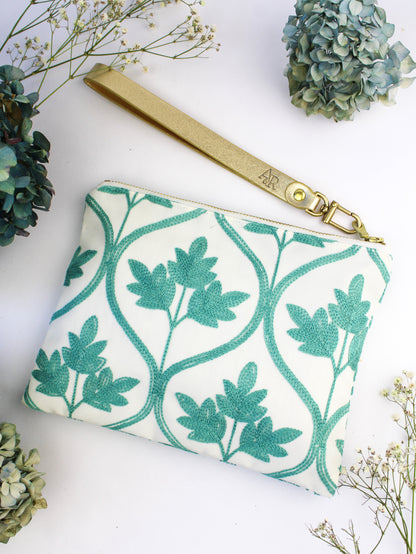 Mayfair Aqua Botanical Embroidered Wristlet Purse - My American Goods