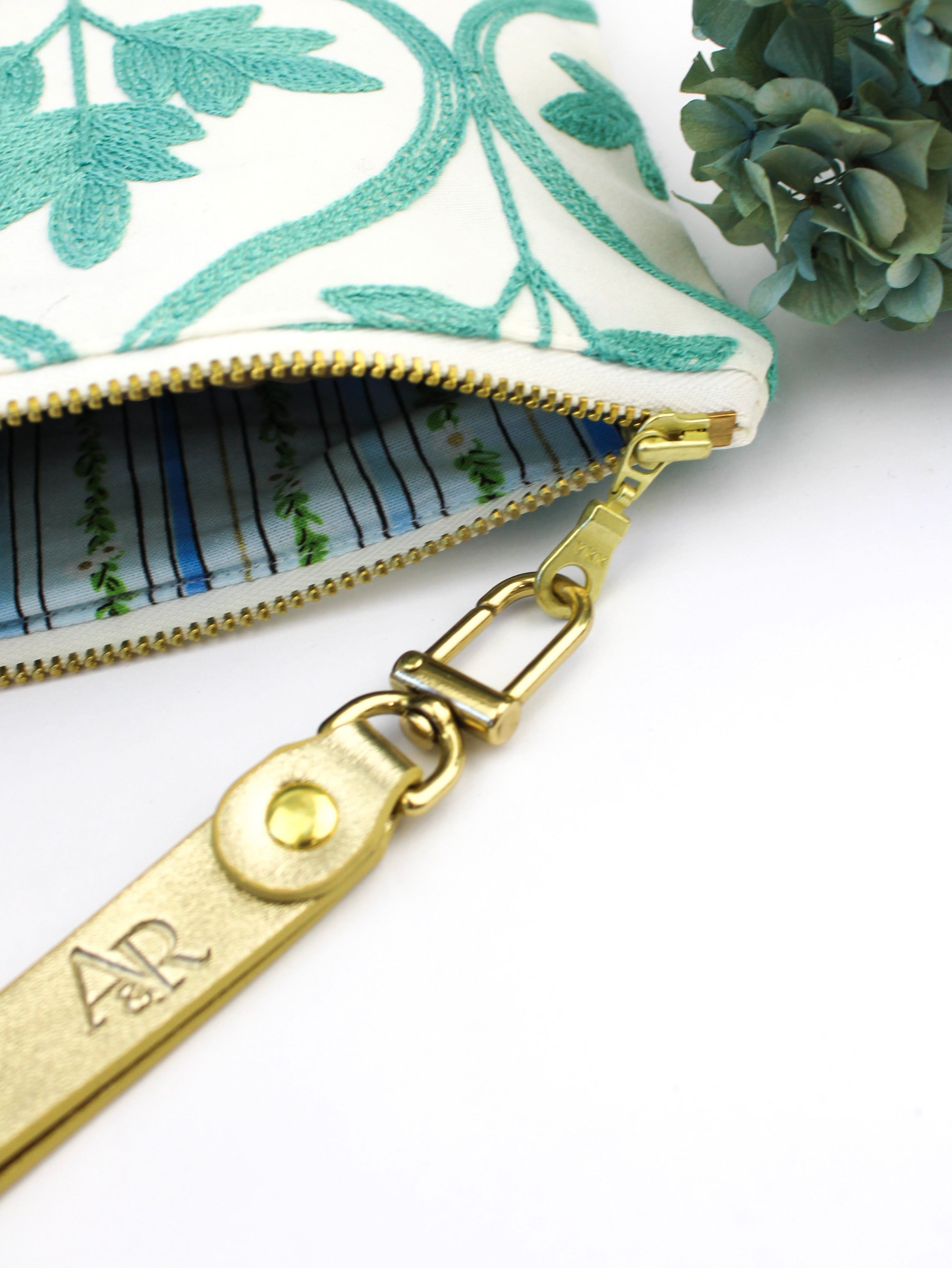 Ash &amp; Rose purse Mayfair Aqua Botanical Embroidered Wristlet Purse