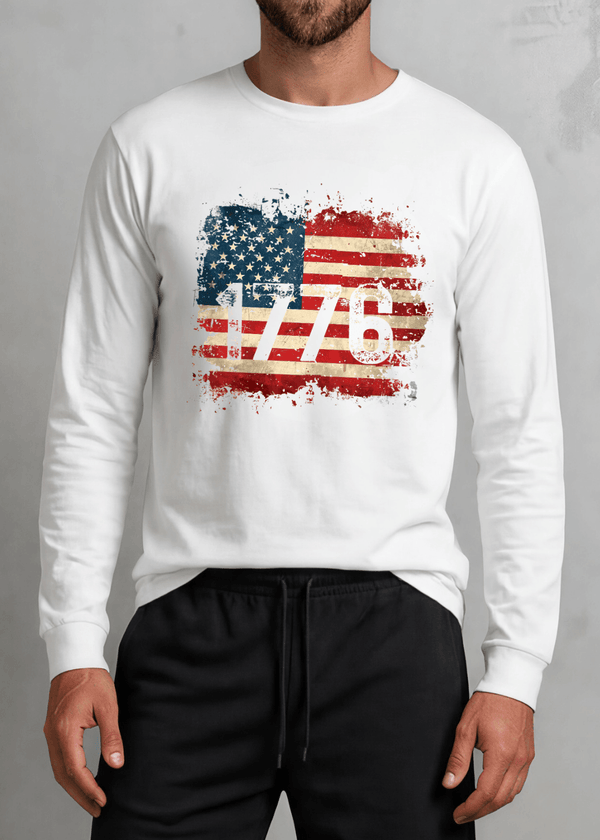 Crazy Cozy Cool Men's Tee White / 1776 Distressed Flag / Small 1776 Distressed American Flag Men's White Long Sleeve T-Shirt Patriotic Made in USA 4th of July