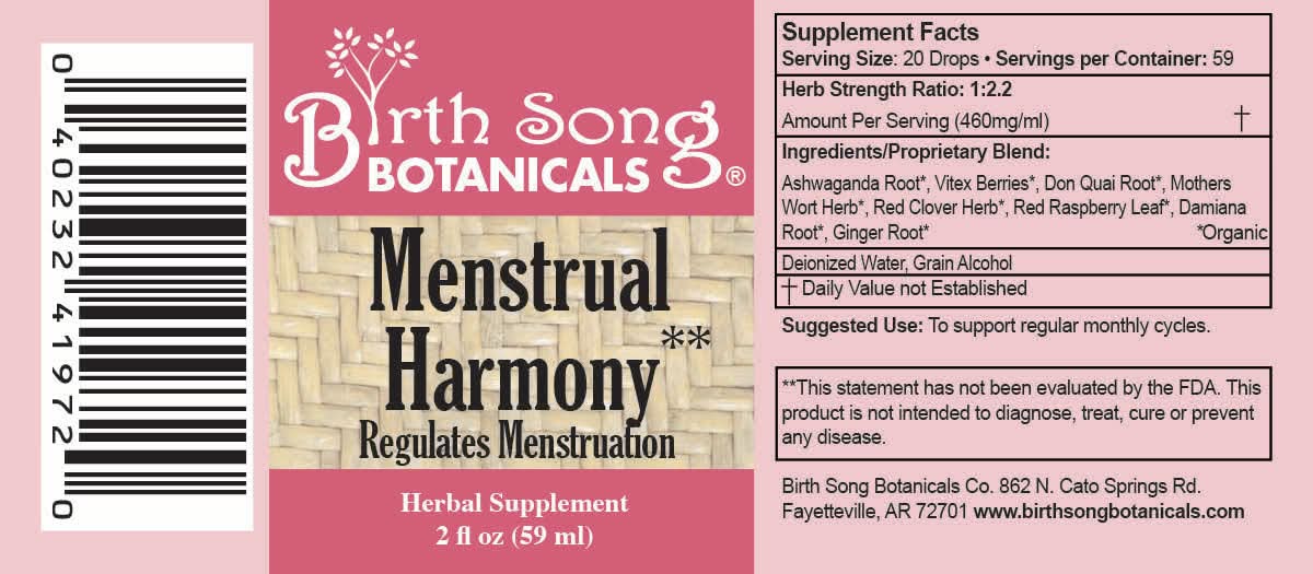 Birth Song Botanicals Co. Tinctures Menstrual Harmony Herbal Supplement To Support a Regular Menstrual Cycle, Hormone Harmony, PMS, Healthy Menstruation and Ovulation* 2 oz.