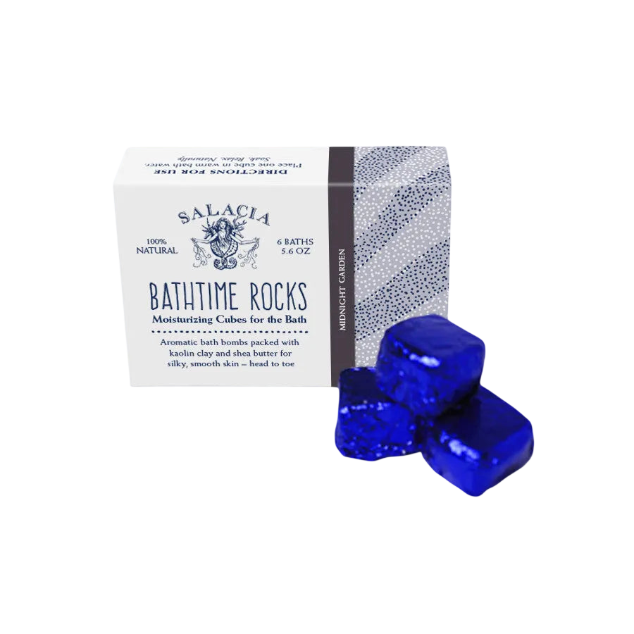 Salacia Bathtime Rocks packaging with blue bath bombs on a white background