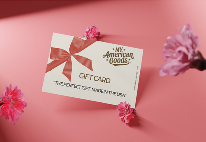 My American Goods gift card with a pink bow on a pink background with flowers.
