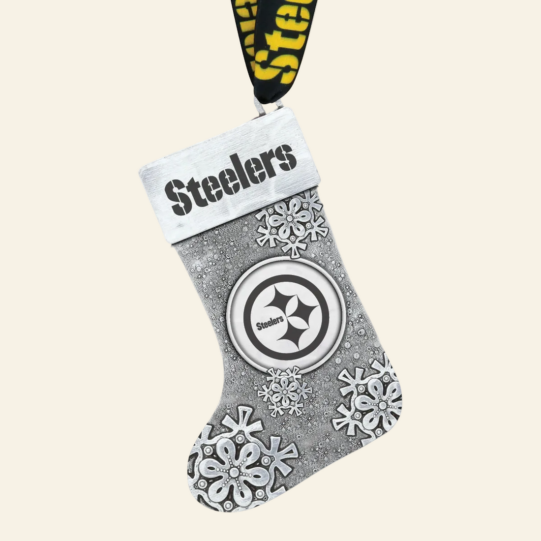 Christmas stocking with Steelers logo and snowflake patterns on a white background