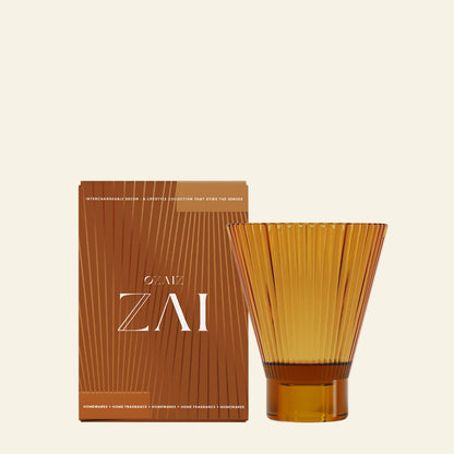 Amber-colored vase and packaging with &